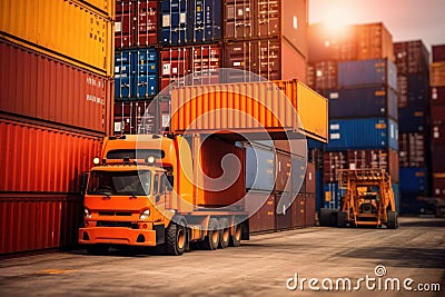 Side loader handling cargo container and loading to truck in import export logistic zone. Generative AI Stock Photo