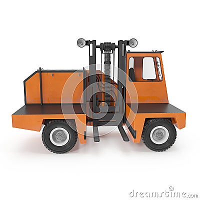 Side Loading Orange Forklift Truck isolated on white. Side view. 3D Illustration Stock Photo