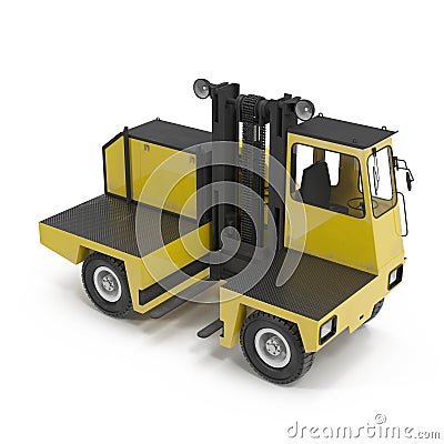 Side Loading Yellow Forklift Truck isolated on white 3D Illustration Stock Photo