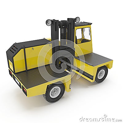 Side Loading Yellow Forklift Truck isolated on white. 3D Illustration Stock Photo