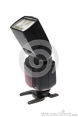 Side look of a DSLR camera speedlite flash on its stand, isolated on white background Stock Photo
