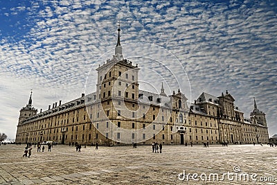 Side perspective view of the main façade and entrance of the monasteries of San Lorenzo de el Escorial. Editorial Stock Photo