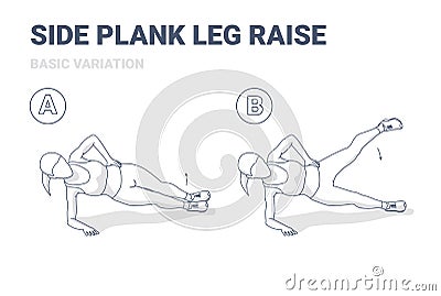 Side Plank Leg Raise Female Home Workout High-Intensity Exercise Guide Illustration. Woman Working on Her Legs and Abs. Vector Illustration