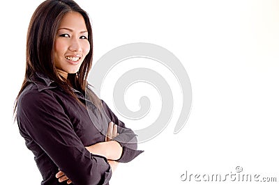 Side pose of woman with folded hands Stock Photo