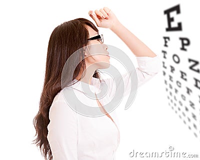 Side profile of Chinese office lady and eyechart Stock Photo
