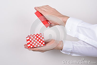 Side profile close up photo portrait of hands holding open unpack unwrap present box in hands isolated grey background Stock Photo