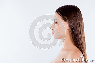 Side profile close up view portrait of pretty beautiful brown-haired brunette woman with pure flawless ideal sensual sensitive sm Stock Photo