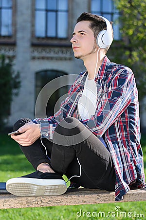 Side profile photo of confident dream dreamy concentrated guy listening to music Stock Photo