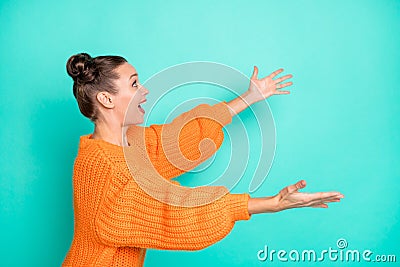 Side profile photo portrait girl with opened hands missing friends meeting isolated bright teal color background Stock Photo