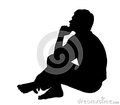 Side profile portrait silhouette of teenage boy sitting on ground thinking Vector Illustration