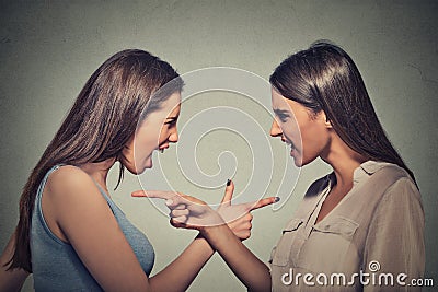 Side profile portrait two angry upset women blaming each other Stock Photo