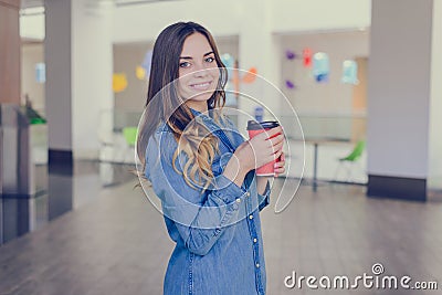 Side profile turned half close up view photo portrait of happy smiling charming beauty beautiful pretty cute lovely with long curl Stock Photo