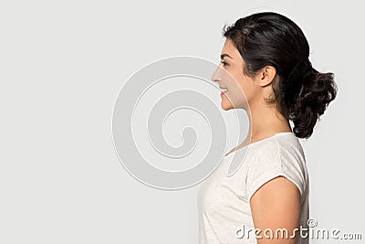 Side profile view indian ethnicity girl looking at empty copyspace. Stock Photo