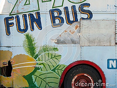 Side of a rusty old bus painted Stock Photo