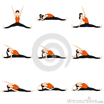 Side seated wide angle yoga asanas set Vector Illustration