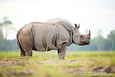side shot of javan rhino roaming in field Stock Photo