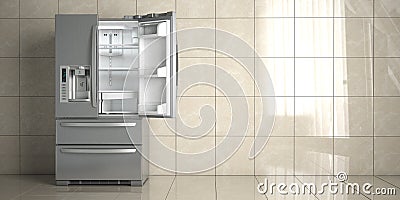 Side by side stainless steel refrigerator on white ceramic tile background. Open fridge in the empty kitchen Cartoon Illustration