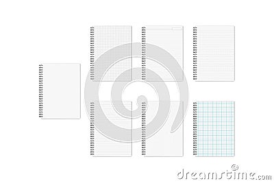 Side spiral blank A4 notebook. White empty cover and differently lined page. Mock-up set. Wire bound notepad. Mockup. Template Vector Illustration