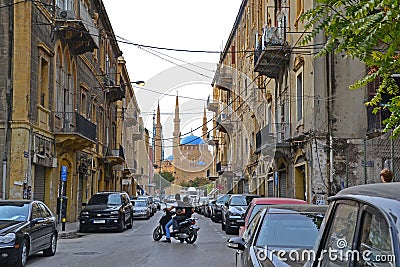 Downtown Beirut side street leading to the Mohammad Al-Amin Mosque Editorial Stock Photo