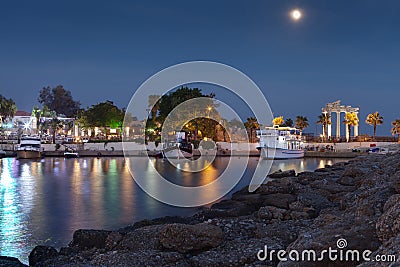 Side,Turkey - ancient Mediterranean coast city harbor in the evening 28 SEP 201 Stock Photo