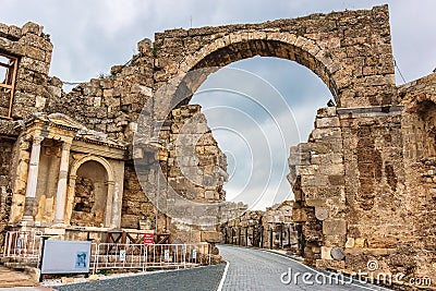 The monumental gate led in Roman times to the centre of Side. Editorial Stock Photo