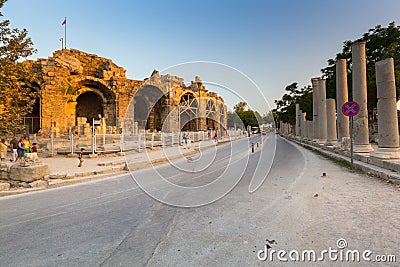 Road at the Vespasian gate to the ancient city of Side, Turkey. Editorial Stock Photo