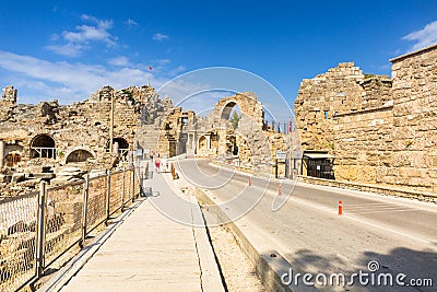 Side, Turkey - June 11, 2018: People on the main road to Side town at sunny day, Turkey. Side is an ancient Greek city on the Editorial Stock Photo