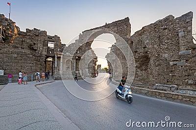 Road at the Vespasian gate to the ancient city of Side, Turkey. Editorial Stock Photo