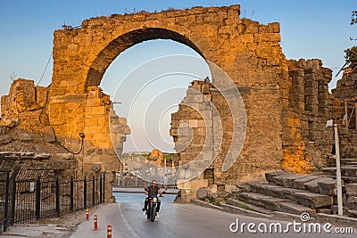 Road at the Vespasian gate to the ancient city of Side, Turkey. Editorial Stock Photo