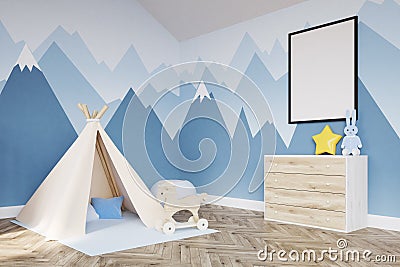 Side view of baby`s room. Crib and poster Stock Photo