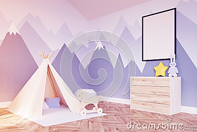 Side view of baby`s room. Crib and poster, toned Stock Photo