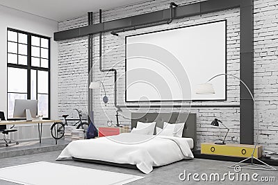 Side view of bedroom interior with white walls and a poster on them. Stock Photo