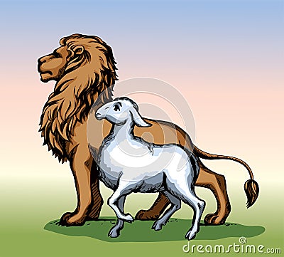 Vector drawing. Lion and lamb walks together Vector Illustration