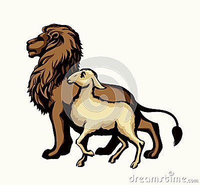 Vector drawing. Lion and lamb walks together Stock Photo