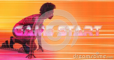 Side view of biracial female athlete at starting position by game start text Stock Photo