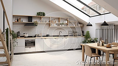 Side view of black built-in oven and beige sink in modern kitchen interior design. Generative Ai Stock Photo