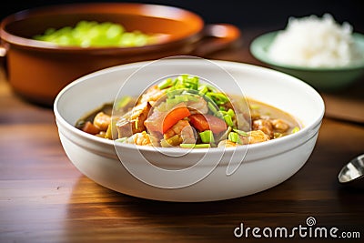 side view of a bowl of gumbo with shrimp on top Stock Photo