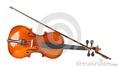 Side view of brown wooden fiddle or violin, classic musical instrument, with bow on white background Stock Photo