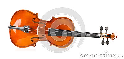 Side view of brown wooden fiddle or violin, classic musical instrument, on white background Stock Photo