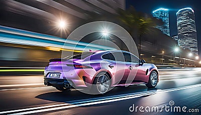 Side view of a business class car driving along the highway at high speed, The car rushes along the highway Cartoon Illustration