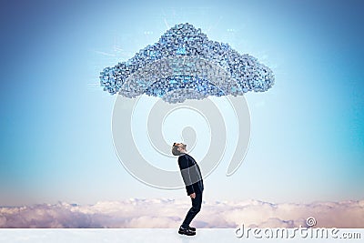 Side view of businessman standing under abstract digital cloud with programming language on bright sky background. Digital storage Stock Photo