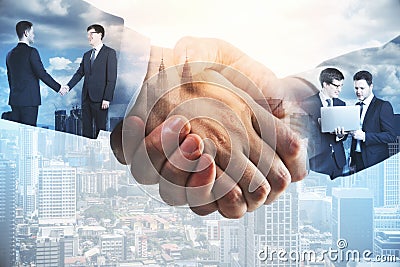 Side view of businessmen shaking hands on blurry city background Stock Photo