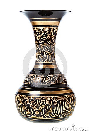 Side view of carved brass indian vase isolated Stock Photo