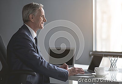 Beaming senior male typing in laptop Stock Photo