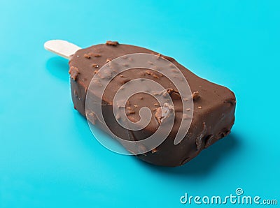 Side view chocolate outer ice cream starts melting on blue background Stock Photo