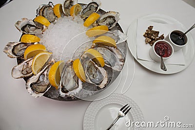 Side view close up food shot of fresh raw shucked open oysters lying between lemon slices on a round cold ice tray next to Stock Photo