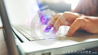 Side view Close up of man hands typing on laptop in office with hologram and icons. Stock Photo