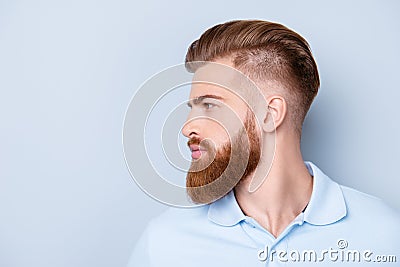 Side view close up portrait of handsome bearded young serious ma Stock Photo