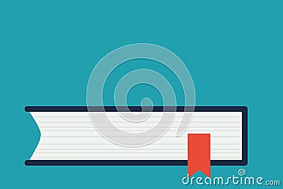 Side View of Closed Book on Table or Desk with Red Bookmark Ribbon Isolated against Blue Background. Flat Design Vector Illustration