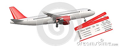 Side view of commercial airplane, airliner with two airline, air flight tickets . Passenger plane take Off, 3D rendering Stock Photo